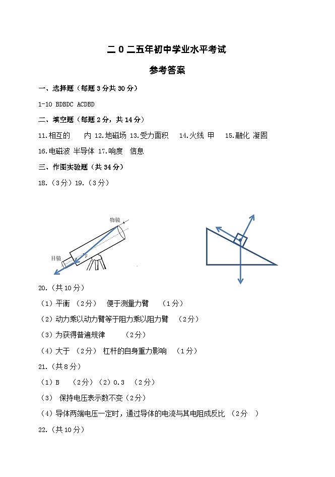 二0二五年初中学业水平考试九年级物理参考答案第1页