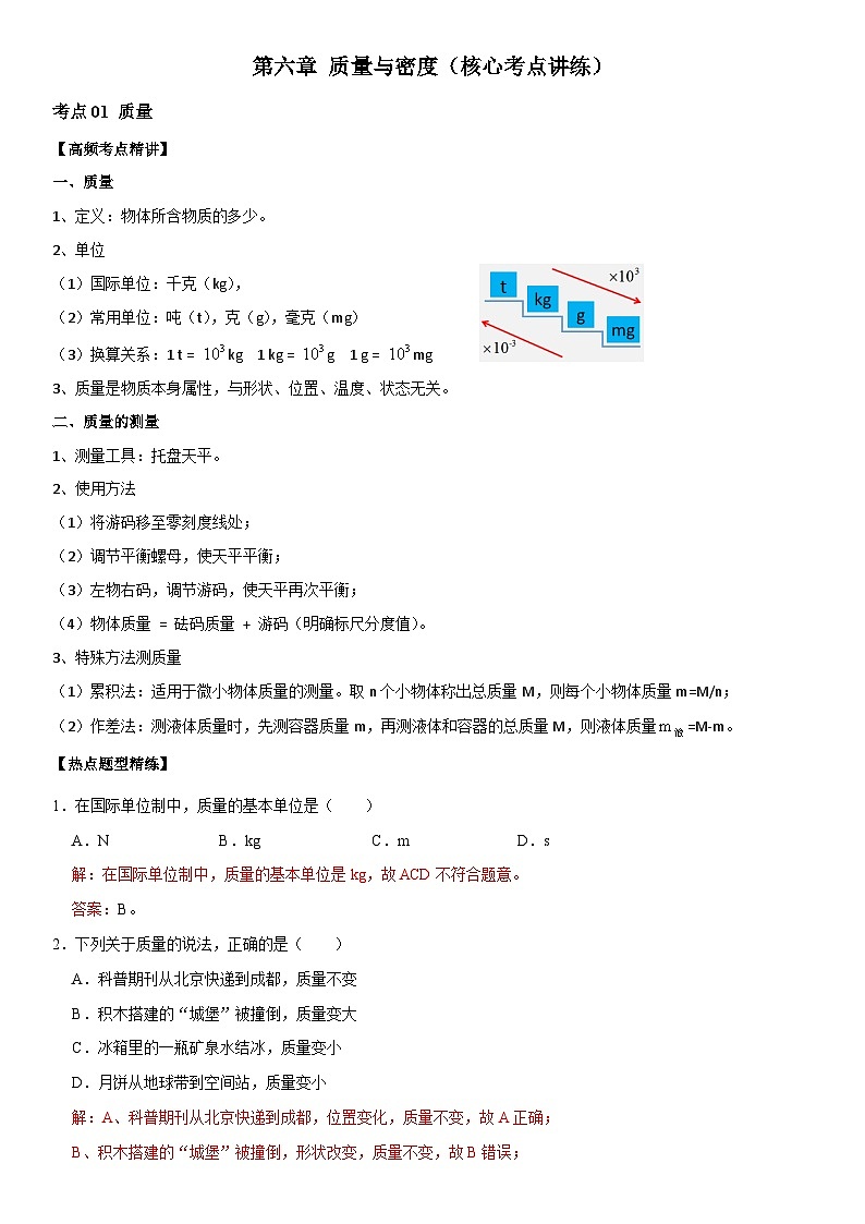 第06章 质量与密度（核心考点讲练）（解析版）第1页