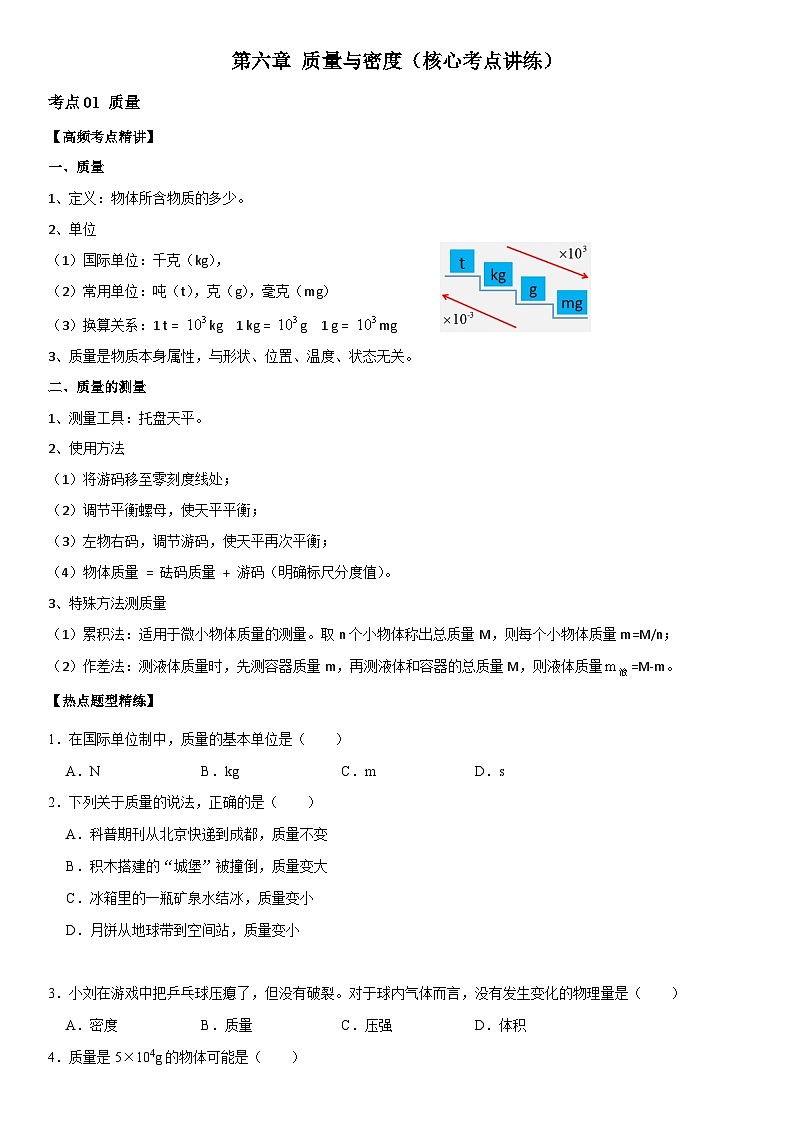 第06章 质量与密度（核心考点讲练）（原卷版）第1页