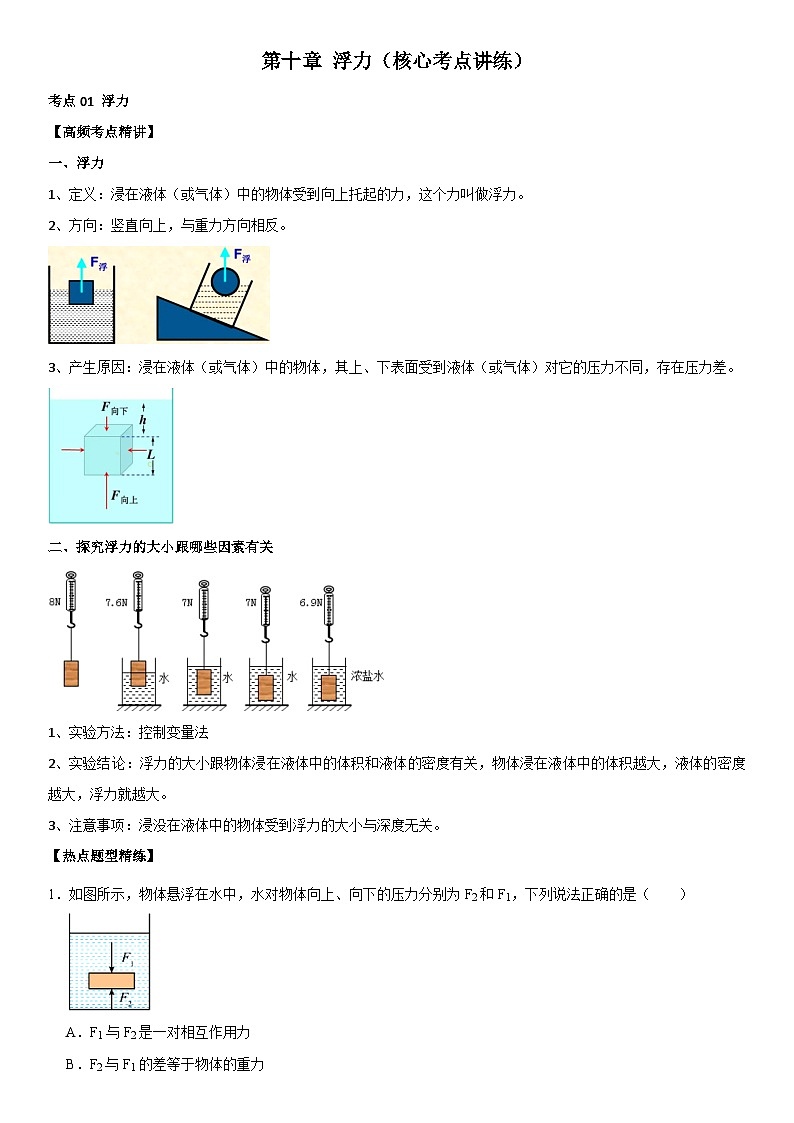 第10章 浮力（核心考点讲练）（原卷版）第1页