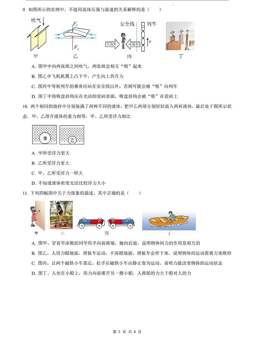 2023-2024师大附中八下期中物理试卷第3页