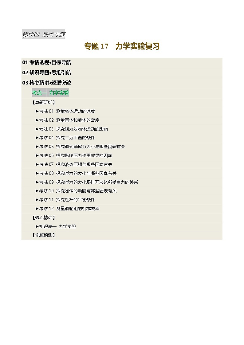 2025届中考物理二轮复习 专题17 力学实验复习（讲练）（原卷版）第1页