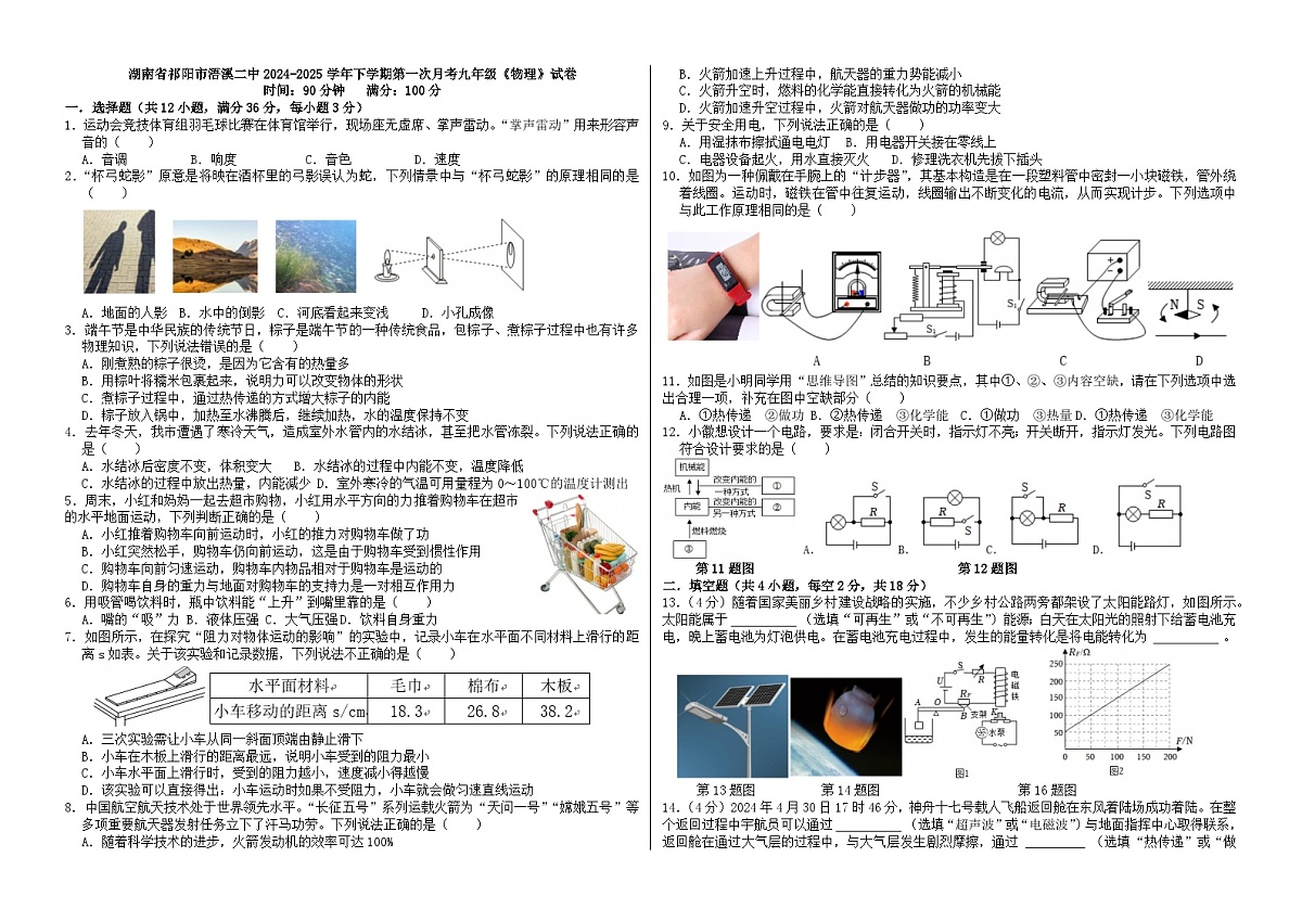湖南省祁阳市浯溪二中2024-2025学年下学期第一次月考九年级《物理》试卷第1页