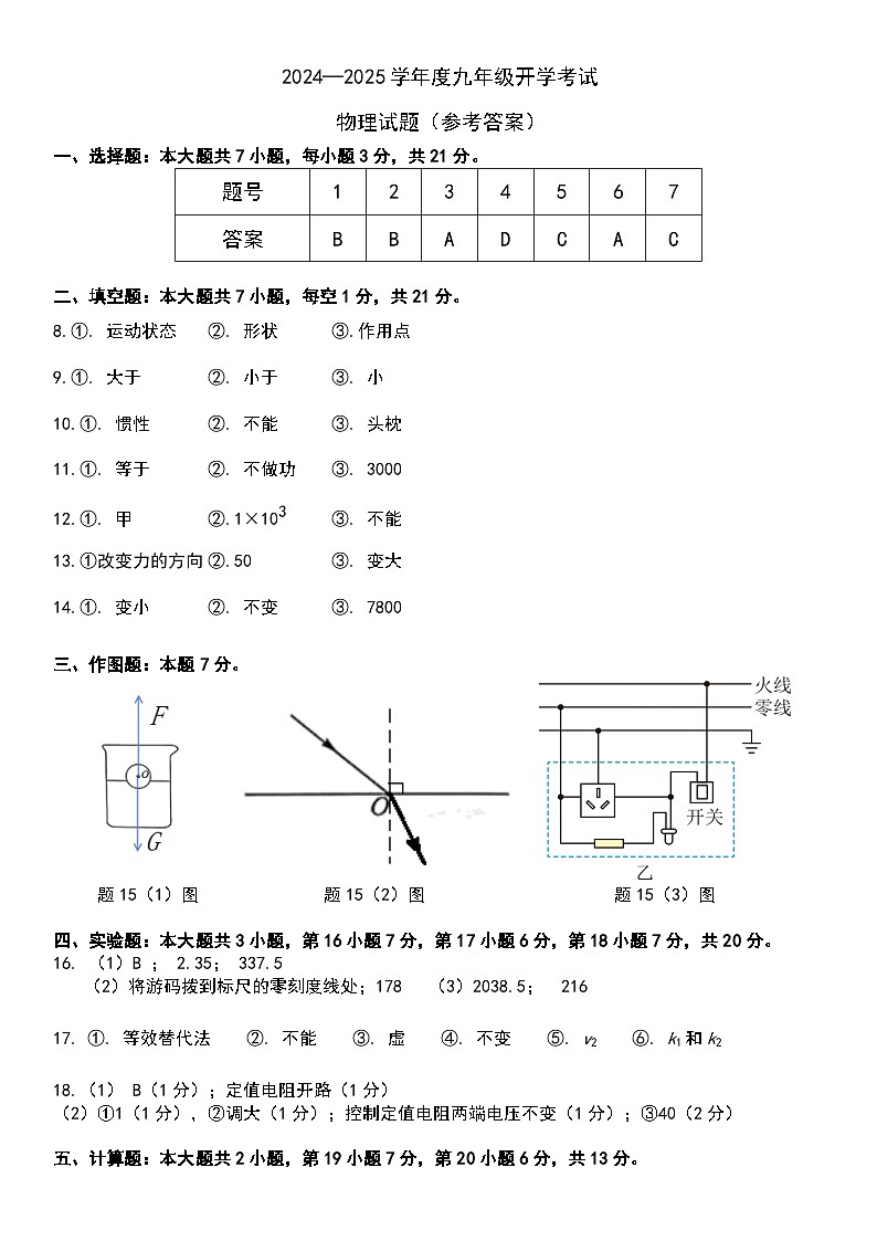 （参考答案）2024—2025学年度九年级开学考试 物理试题第1页