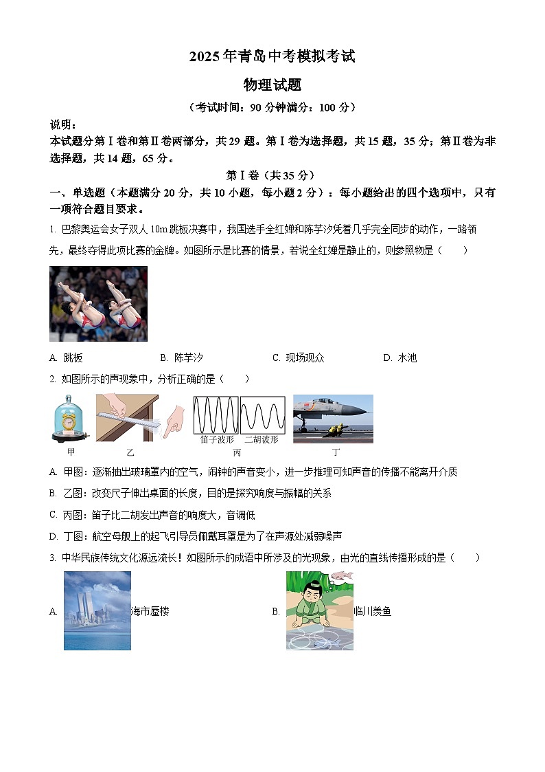 2025年山东省青岛大学附中中考模拟物理试题（原卷版+解析版）第1页
