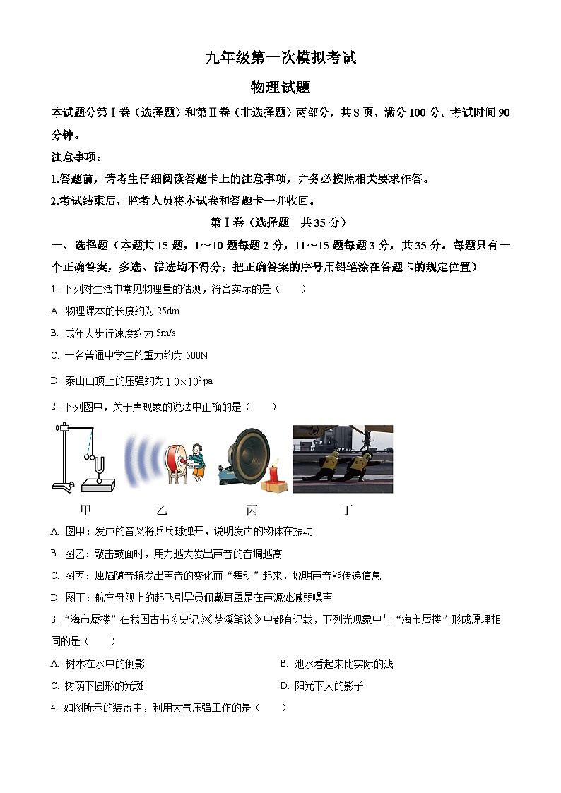 2025年山东省泰安市新泰市中考一模物理试题（原卷版+解析版）第1页