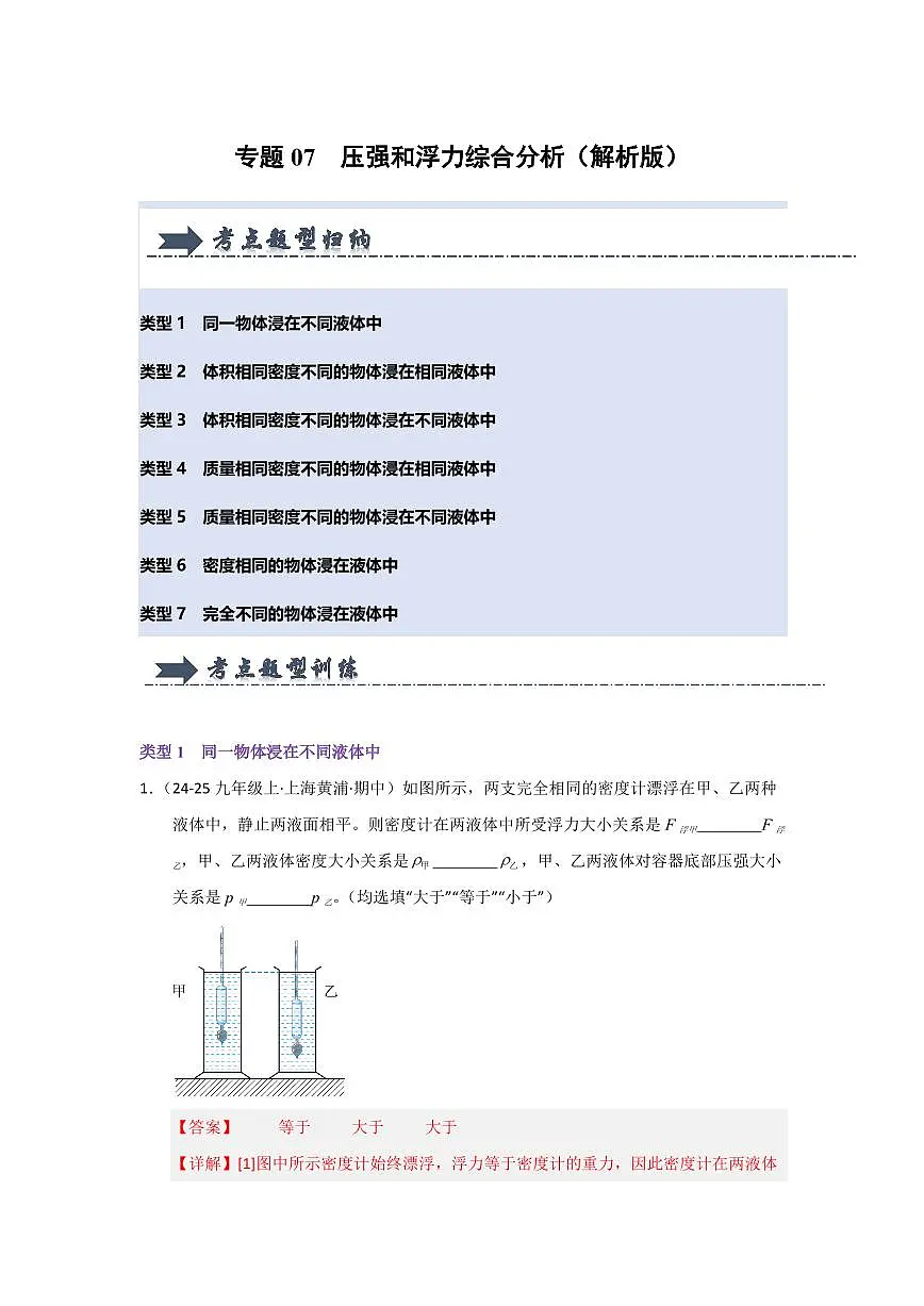 专题07 压强和浮力综合分析(考题猜想)(解析版)第1页