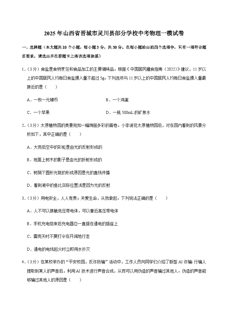 2025年山西省晋城市灵川县部分学校中考物理一模试卷第1页