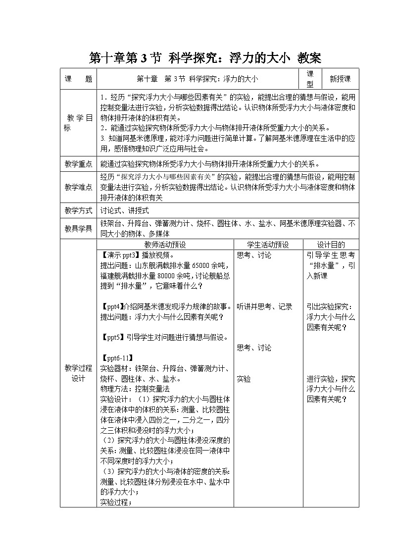 10.3《科学探究：浮力的大小》教案 物理教科版（2024）八年级下册第1页