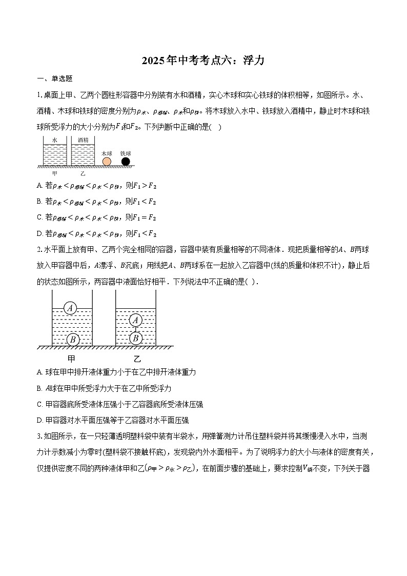 2025年中考物理考点六：浮力-专项训练【含答案】第1页