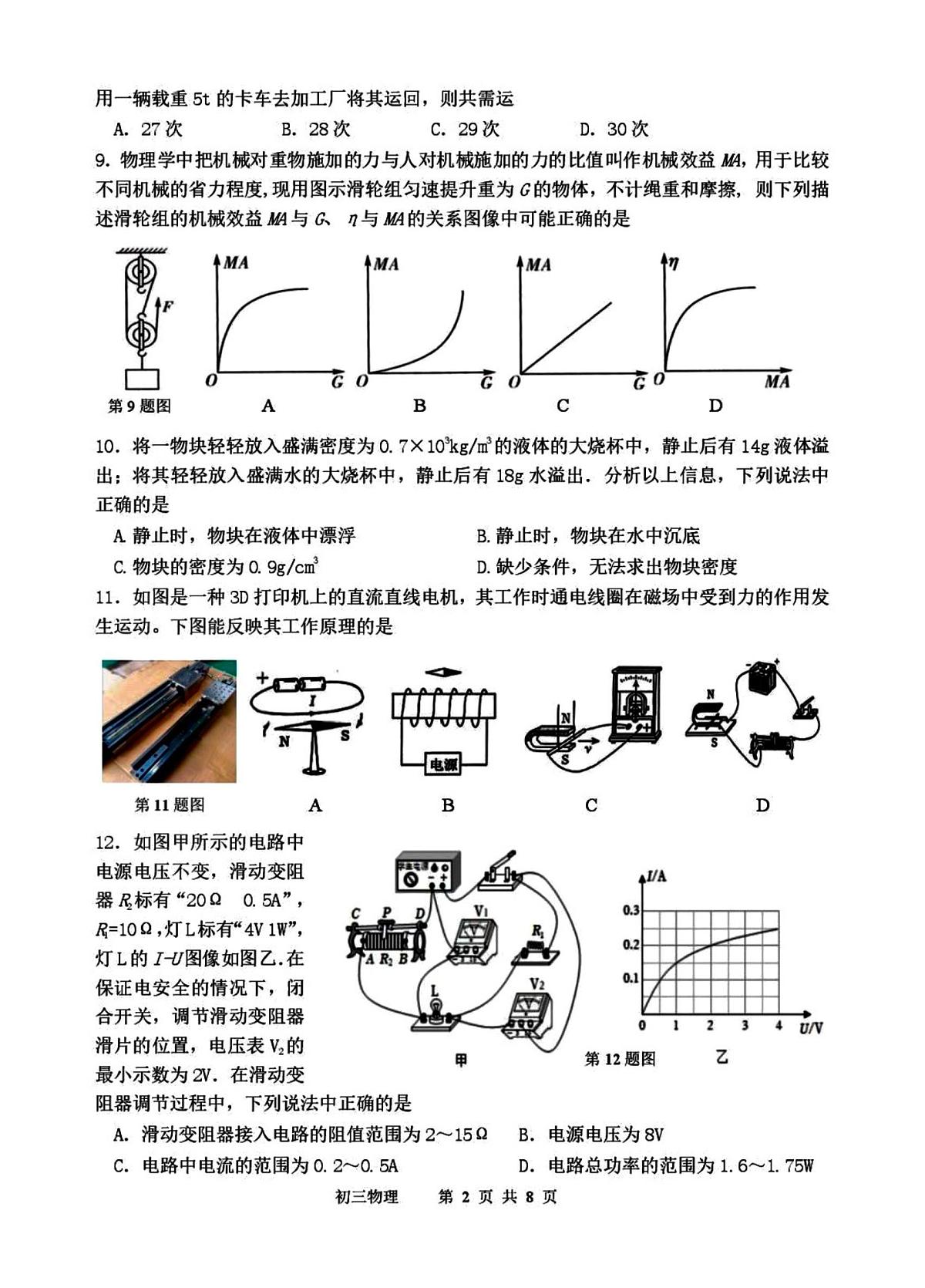 2025年扬州市梅岭中学中考一模物理试题含答案第2页