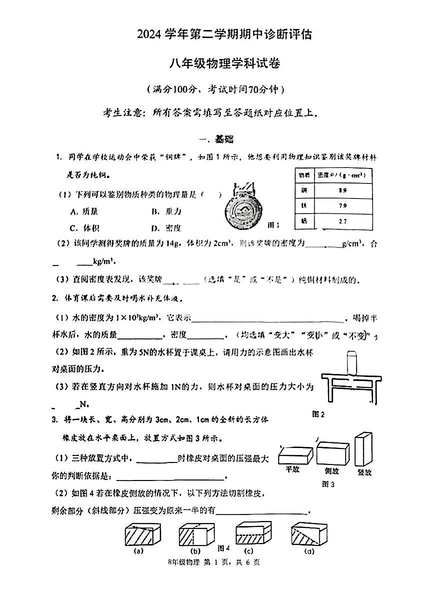 上海市金山区2024-2025学年八年级下物理期中试卷第1页