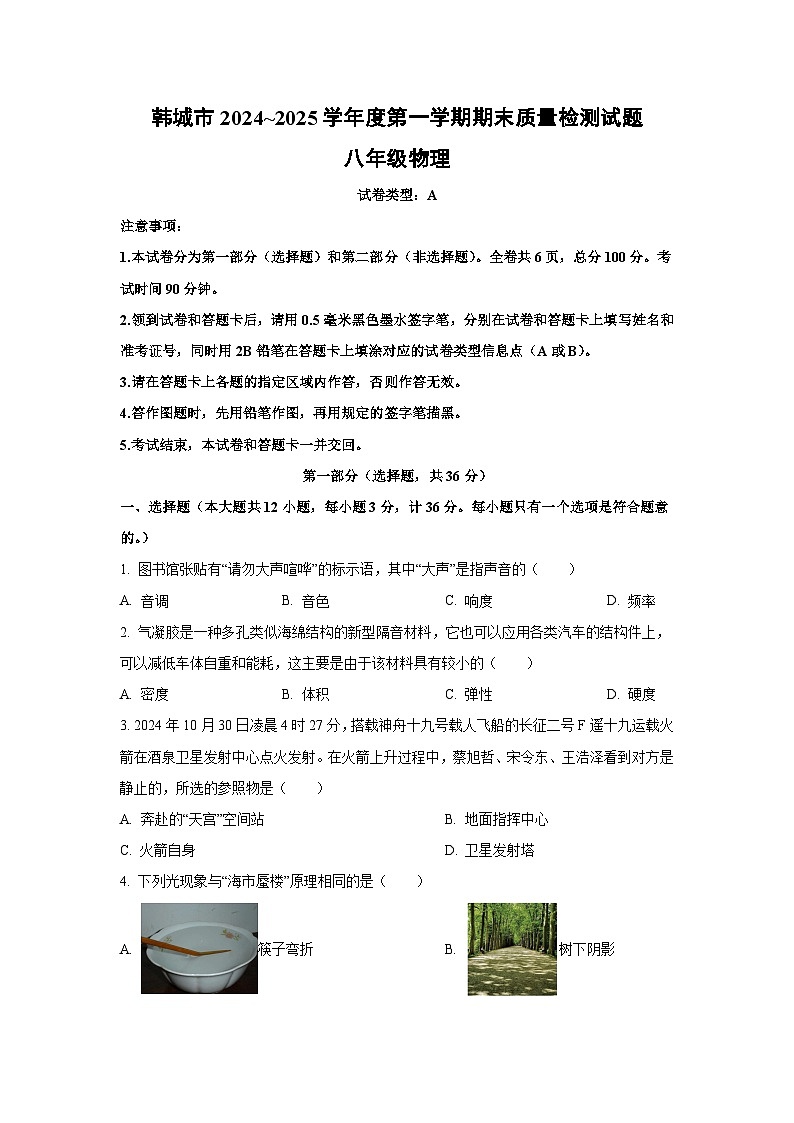 陕西省韩城市2024-2025学年八年级上学期期末检测物理试卷第1页