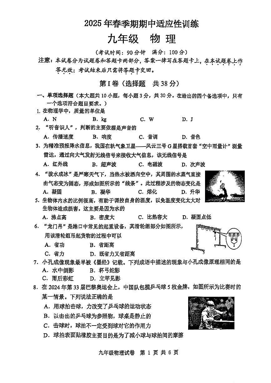 广西省玉林市2024-2025学年九年级下物理期中试卷第1页