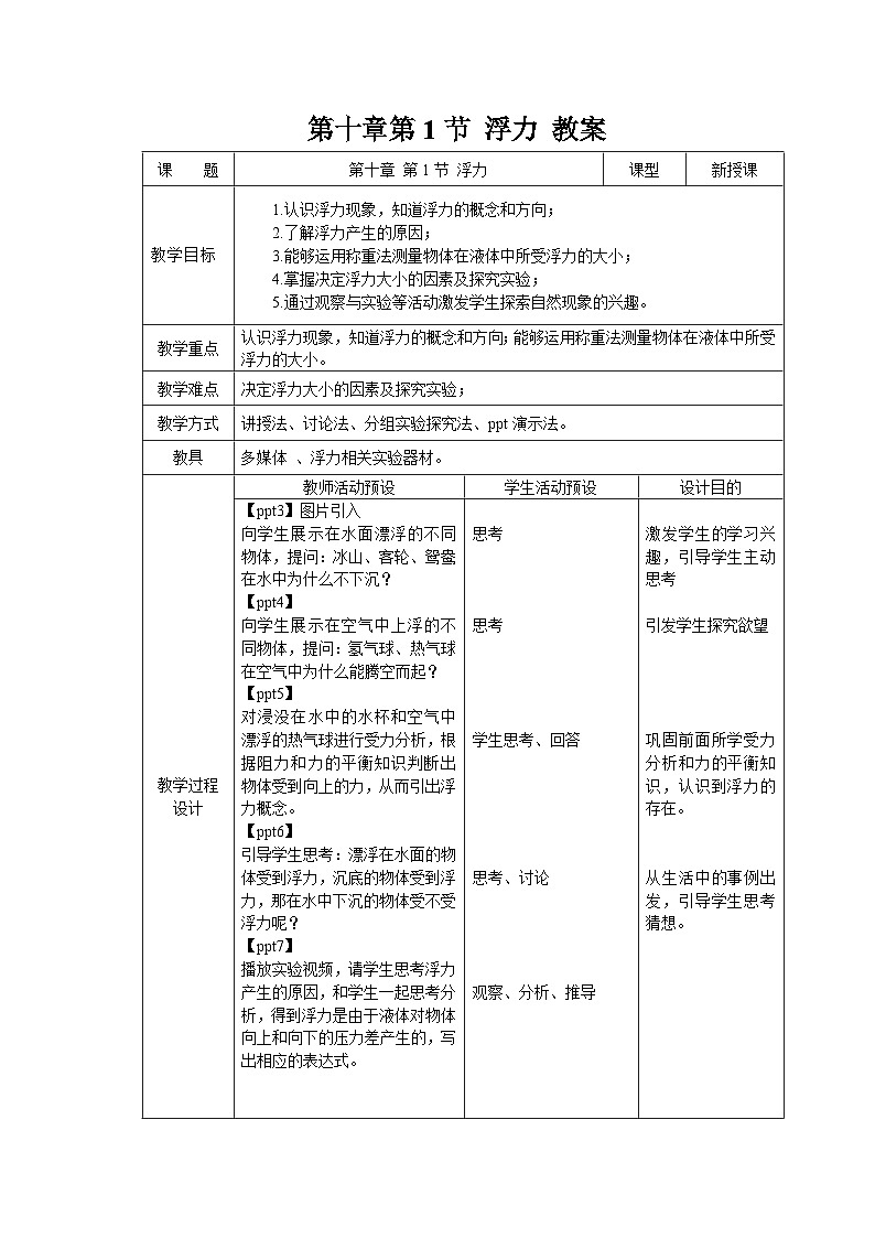 10.1《浮力》教案 物理人教版（2024）八年级下册第1页