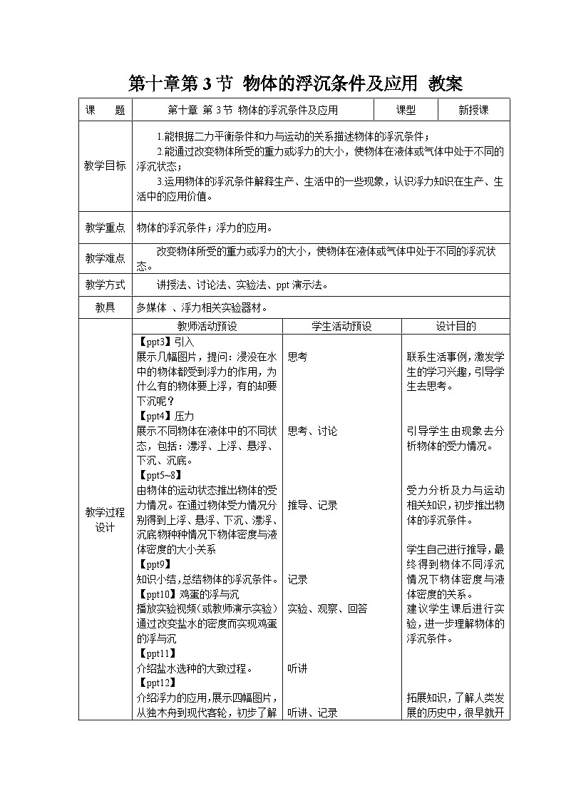 10.3《物体的浮沉条件及应用》教案 物理人教版（2024）八年级下册第1页