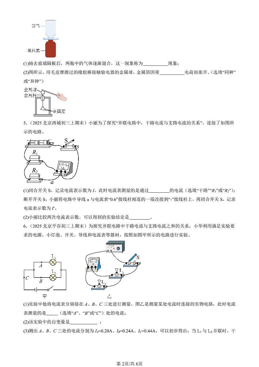 2025北京初三（上）期末真题物理汇编：电流和电路章节综合（非选择题）第2页