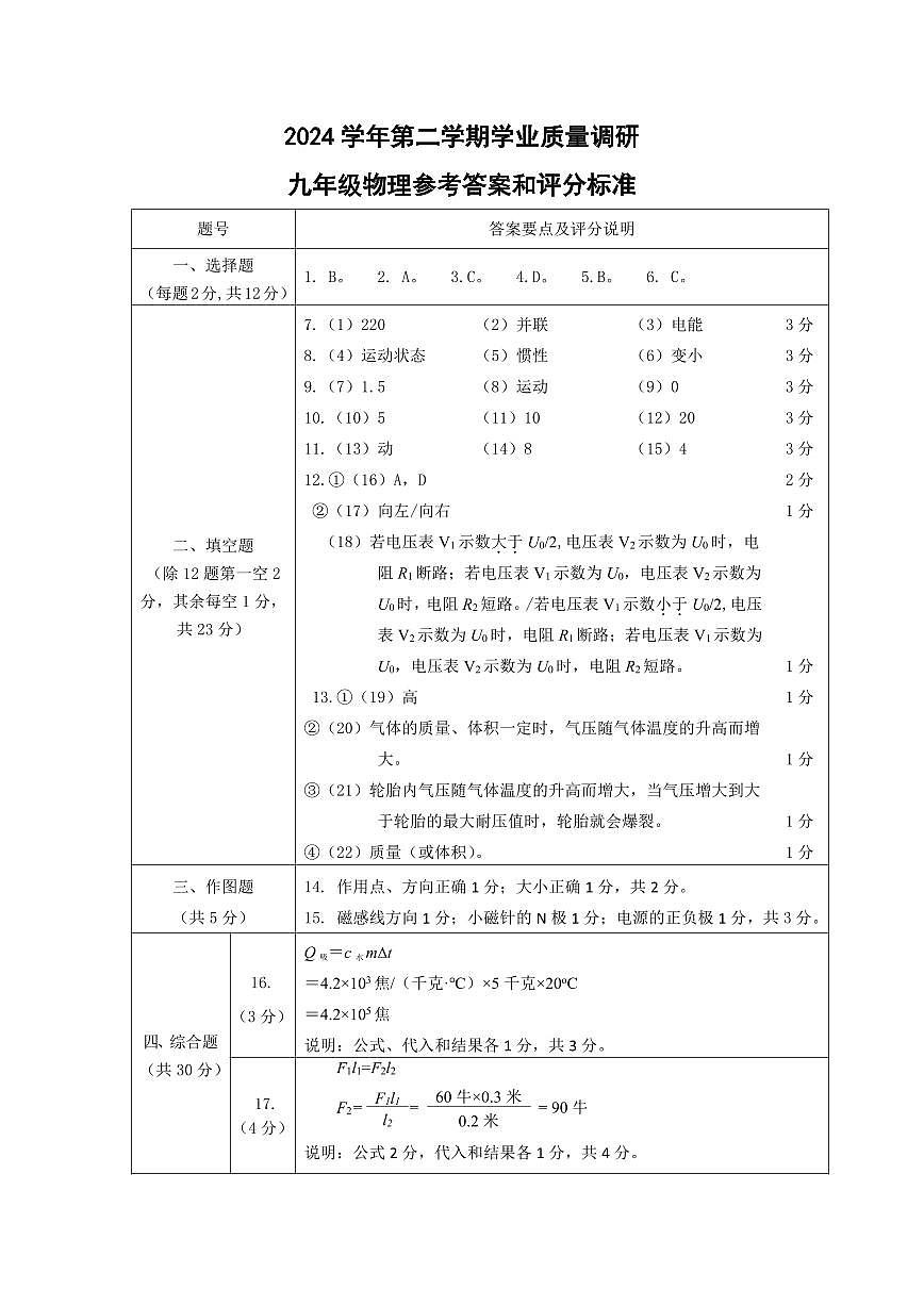 2025届上海崇明区中考物理二模试卷答案第1页