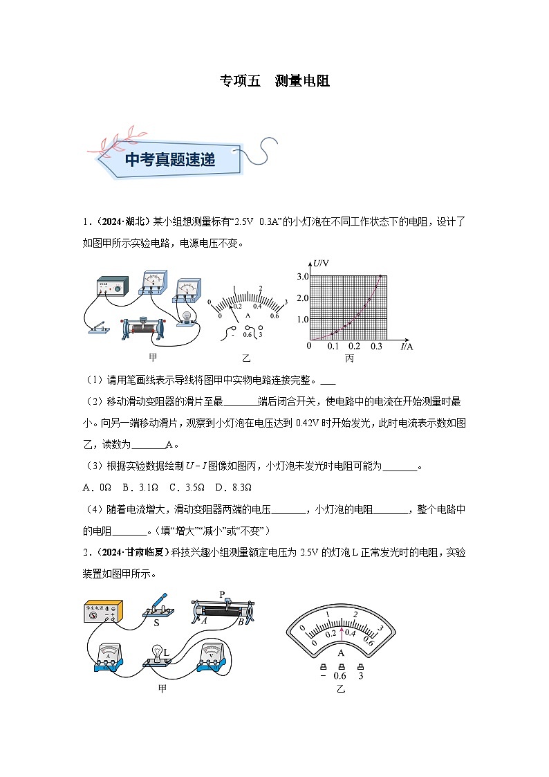 备战2025年中考物理真题分类汇编（全国通用）专项五测量电阻（第02期）（学生版）第1页