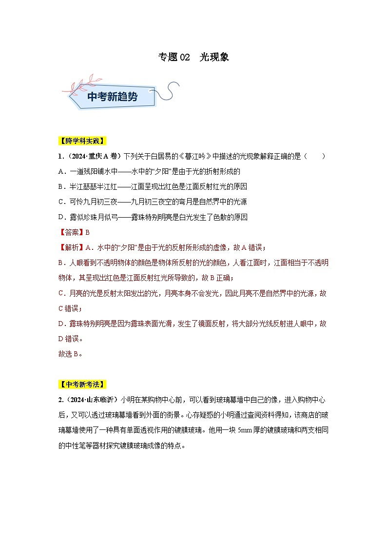 备战2025年中考物理真题分类汇编（全国通用）专题02光现象（第01期）（教师版）第1页