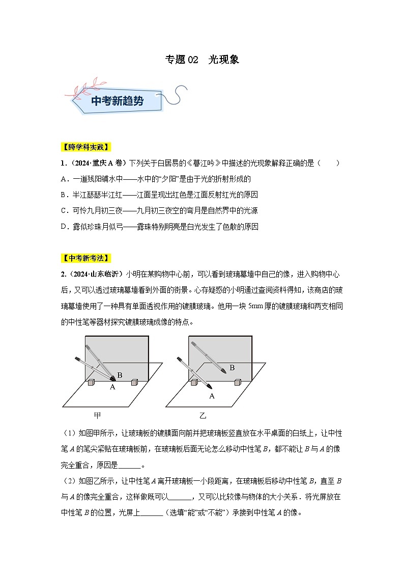 备战2025年中考物理真题分类汇编（全国通用）专题02光现象（第01期）（学生版）第1页