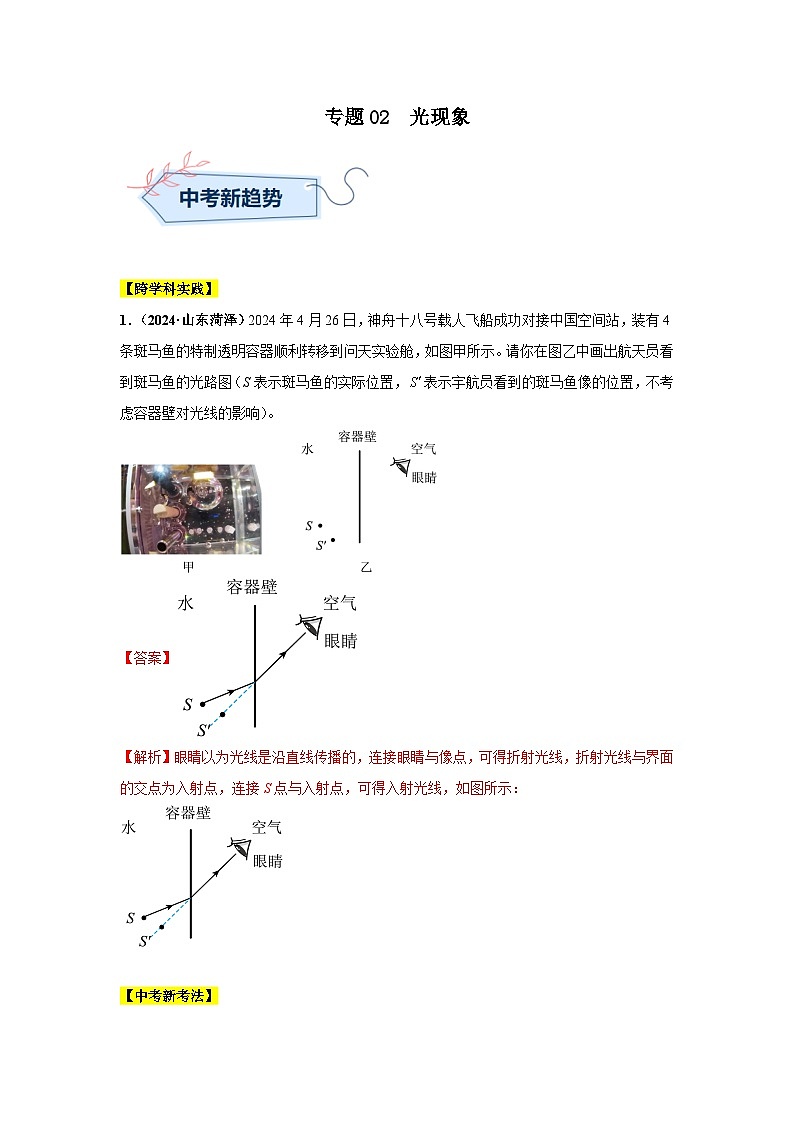 备战2025年中考物理真题分类汇编（全国通用）专题02光现象（第03期）（教师版）第1页