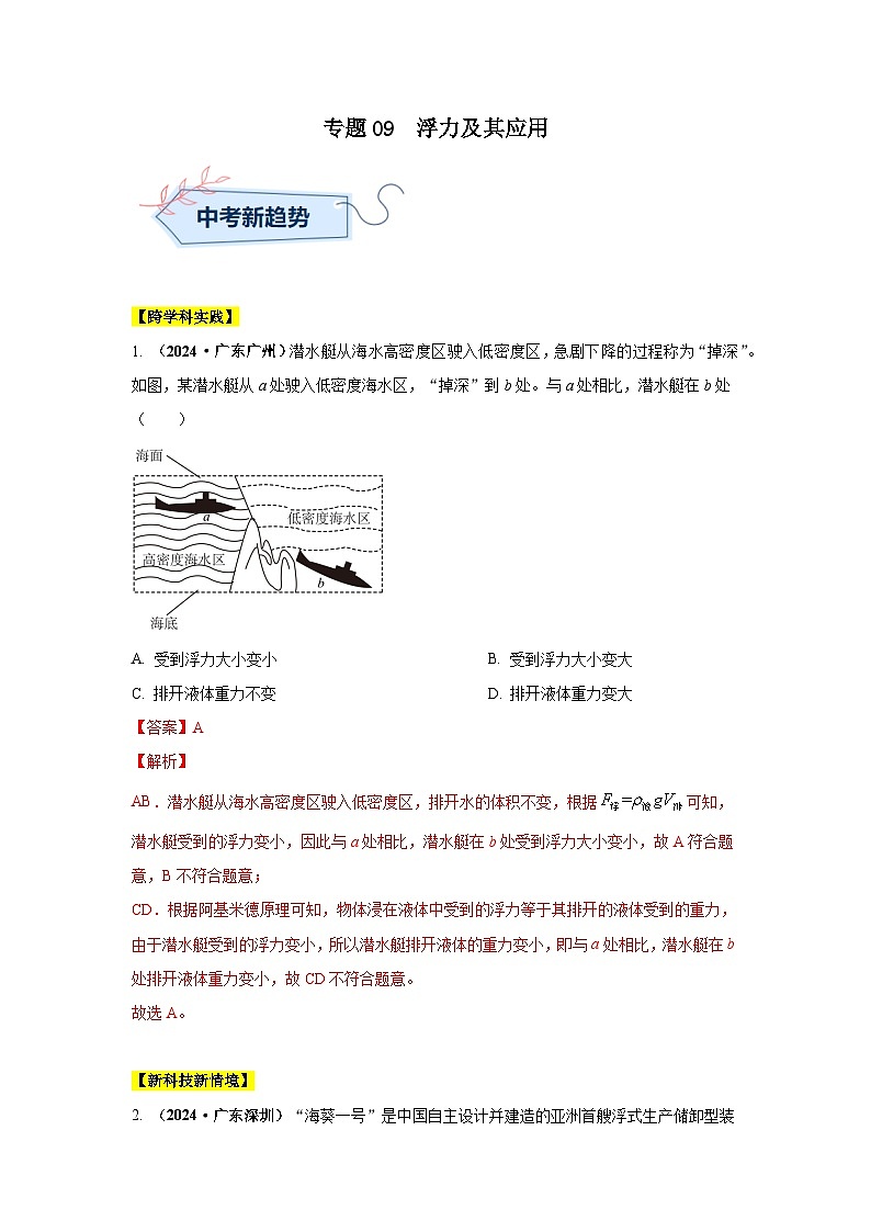 备战2025年中考物理真题分类汇编（全国通用）专题09浮力及其应用（第02期）（教师版）第1页