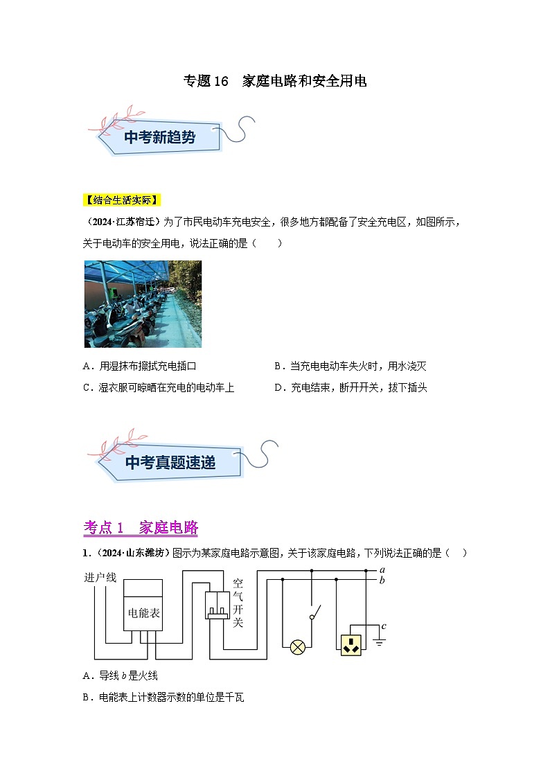 备战2025年中考物理真题分类汇编（全国通用）专题16家庭电路和安全用电（第03期）（学生版）第1页