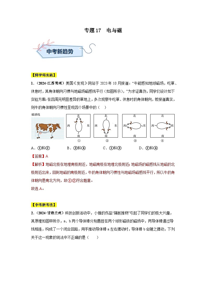 备战2025年中考物理真题分类汇编（全国通用）专题17电与磁（第03期）（教师版）第1页