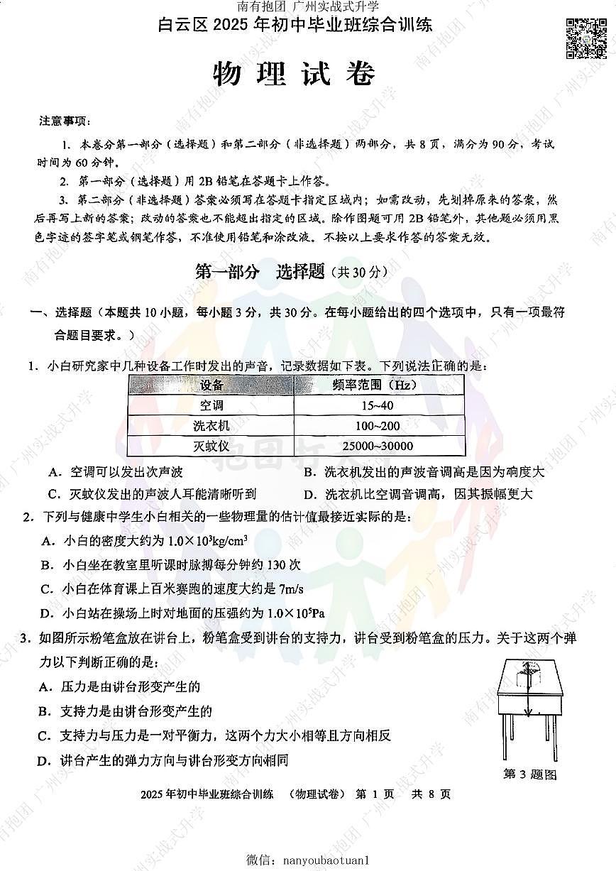 2025年广州市白云区初三物理一模试卷无答案第1页