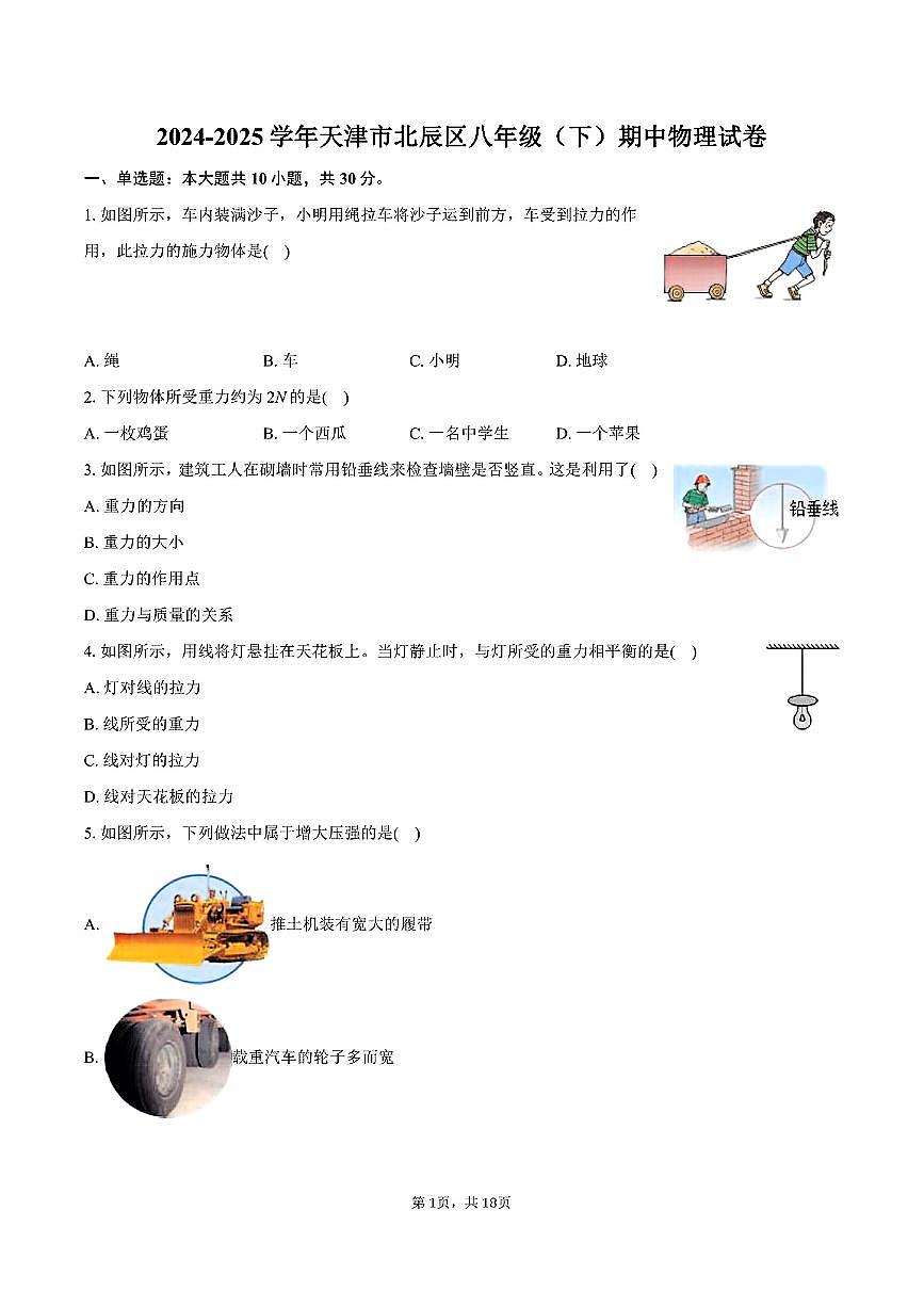 天津市北辰区2024-2025学年八年级下物理期中试卷第1页