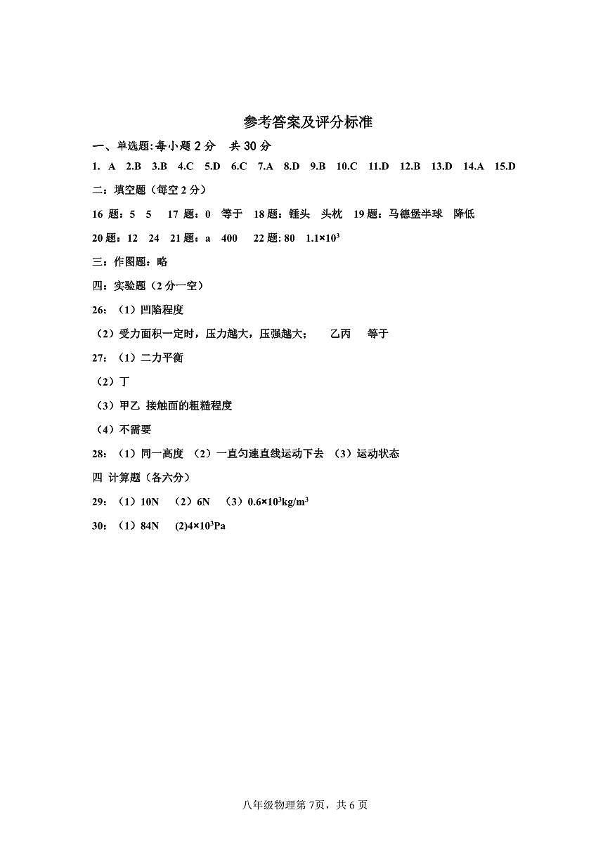 25届初二下物理半期参考答案第1页