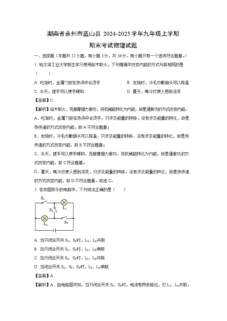 湖南省永州市蓝山县2024-2025学年九年级上学期期末物理试卷（解析版）第1页