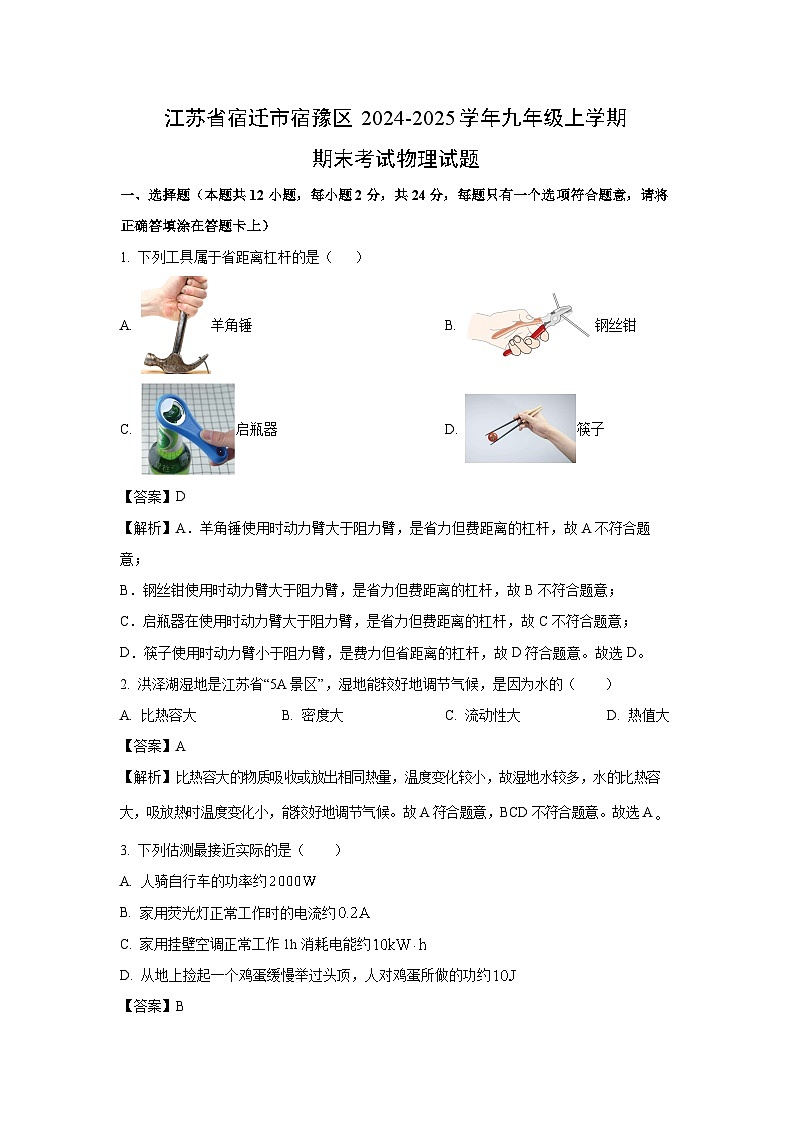 江苏省宿迁市宿豫区2024-2025学年九年级上学期期末物理试卷（解析版）第1页
