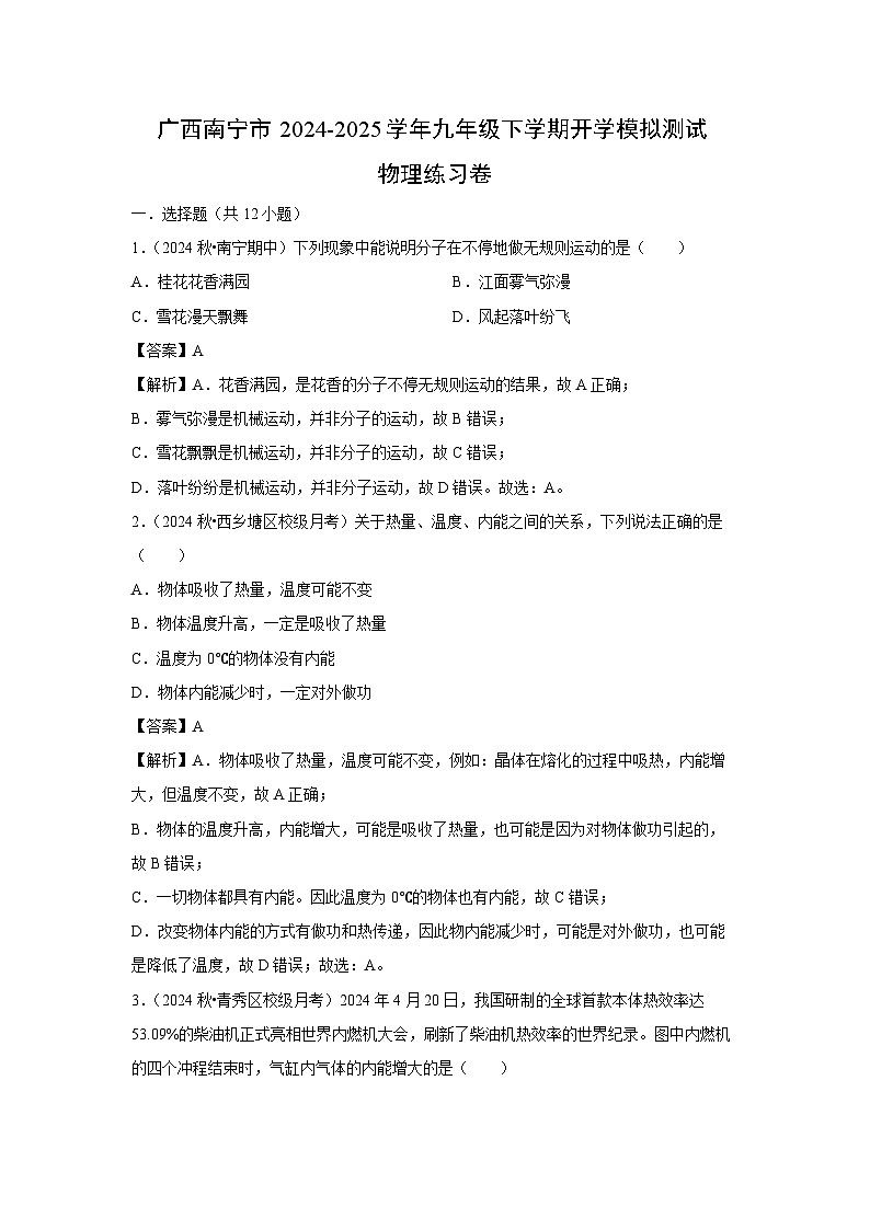 广西南宁市2024-2025学年九年级下学期开学适应性模拟测试练习卷物理试卷（解析版）第1页