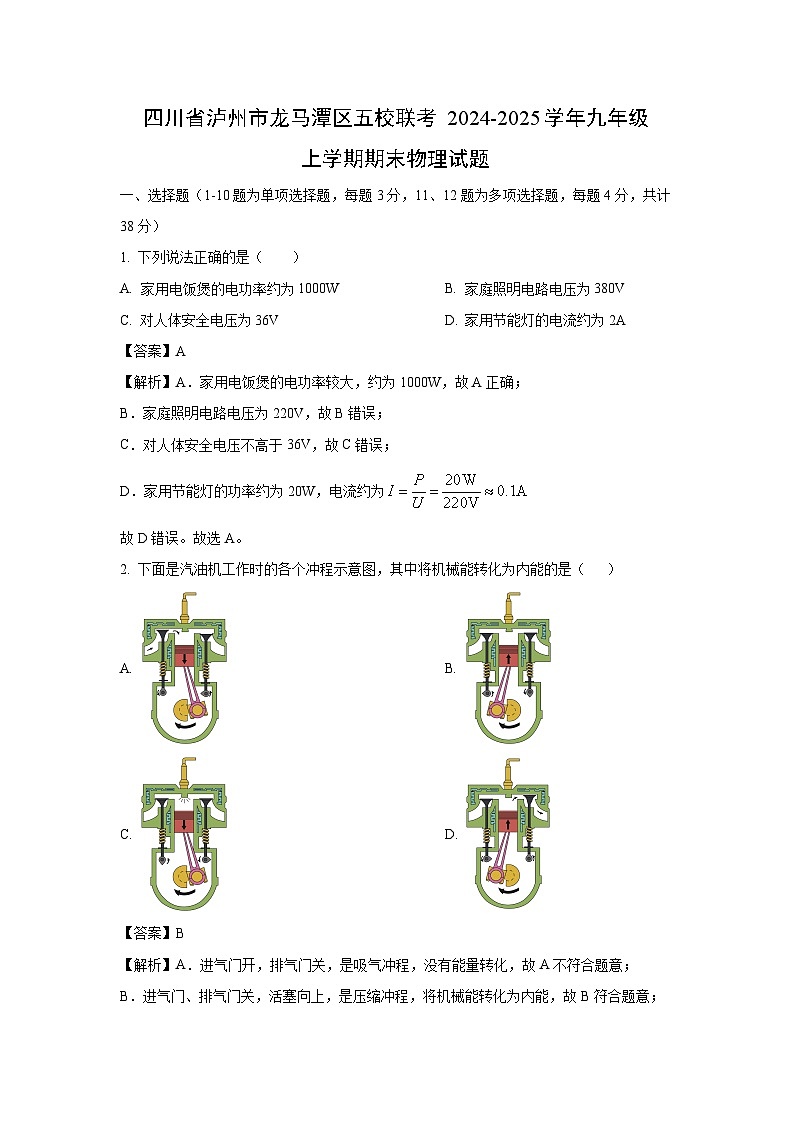 四川省泸州市龙马潭区五校联考2024-2025学年九年级上学期期末物理试卷（解析版）第1页