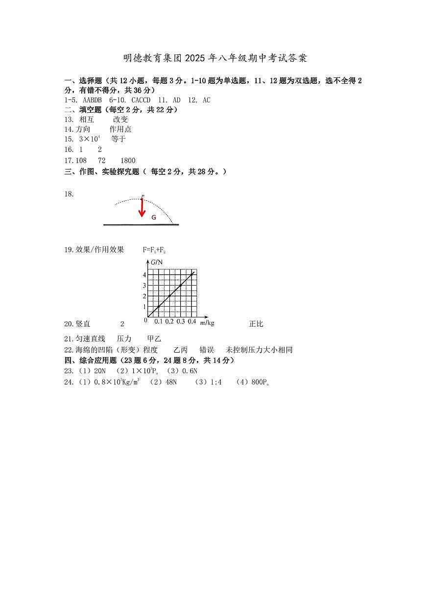 明德教育集团2024-2025八年级下学期期中考试物理试卷答案第1页