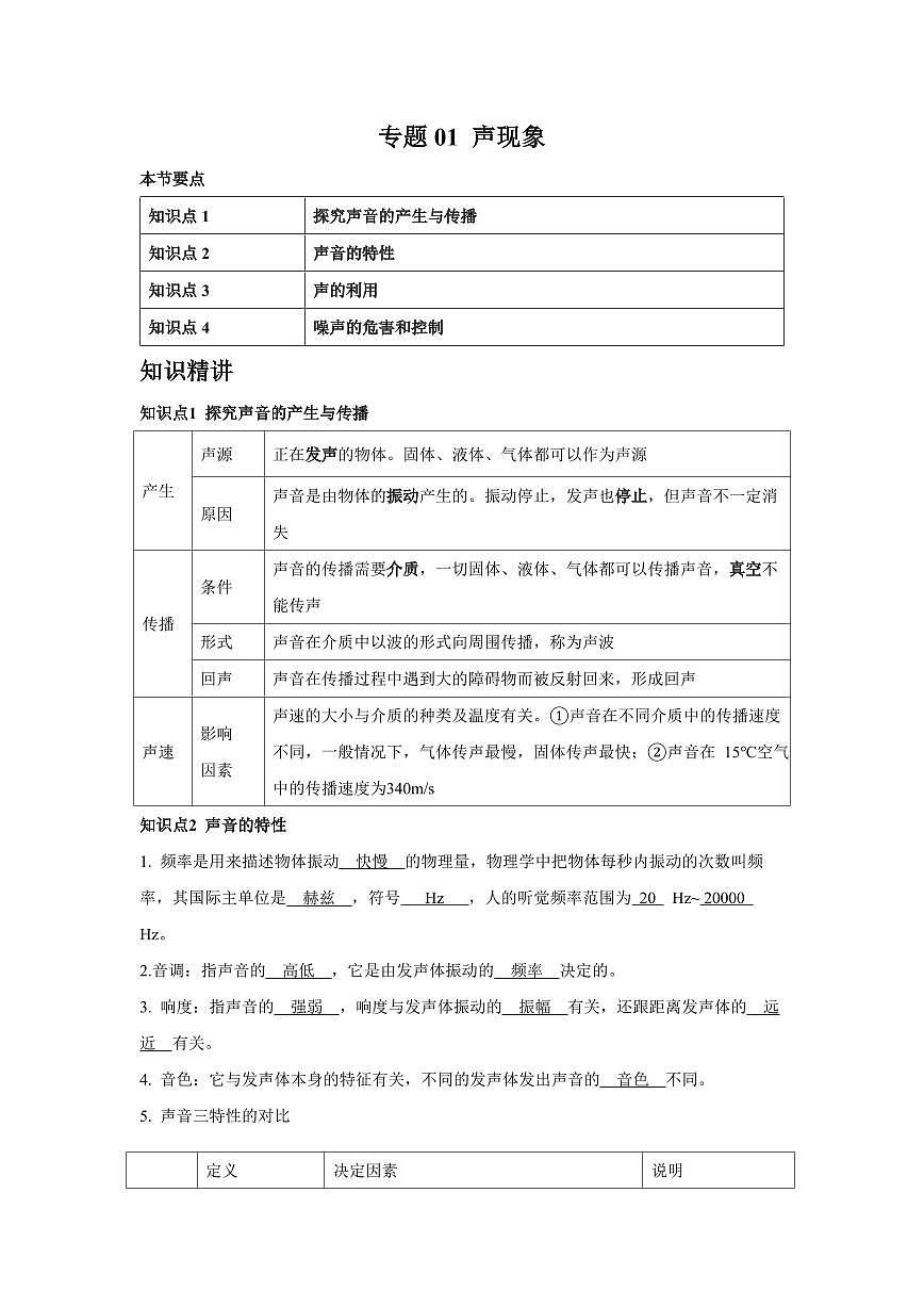专题01 声现象 知识精讲（原卷版）2025年中考物理一轮复习重难题型精讲精练（全国通用）[完整版]第1页