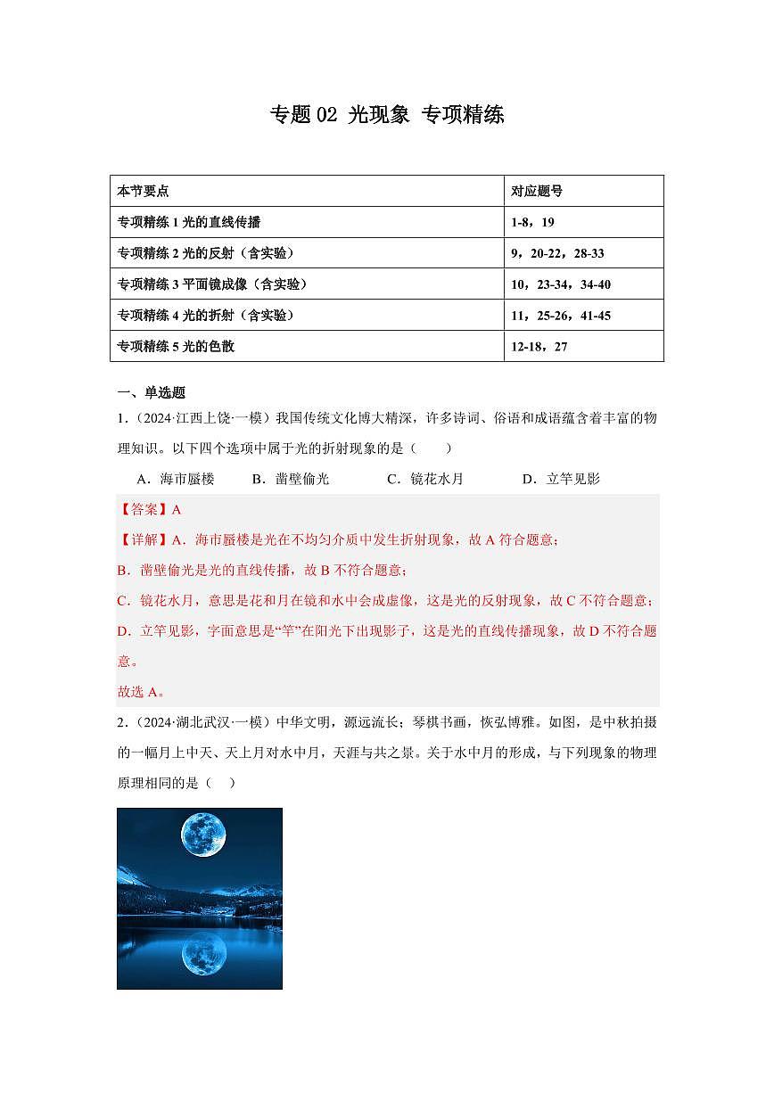 专题02 光现象 专项精练（解析版）2025年中考物理一轮复习重难题型精讲精练（全国通用）[完整版]第1页