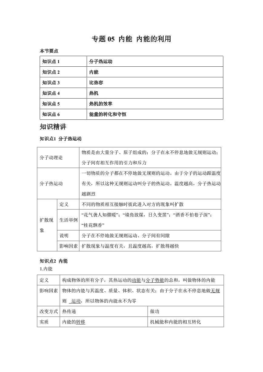 专题05 内能 内能的利用 知识精讲（原卷版）2025年中考物理一轮复习重难题型精讲精练（全国通用）[完整版]第1页