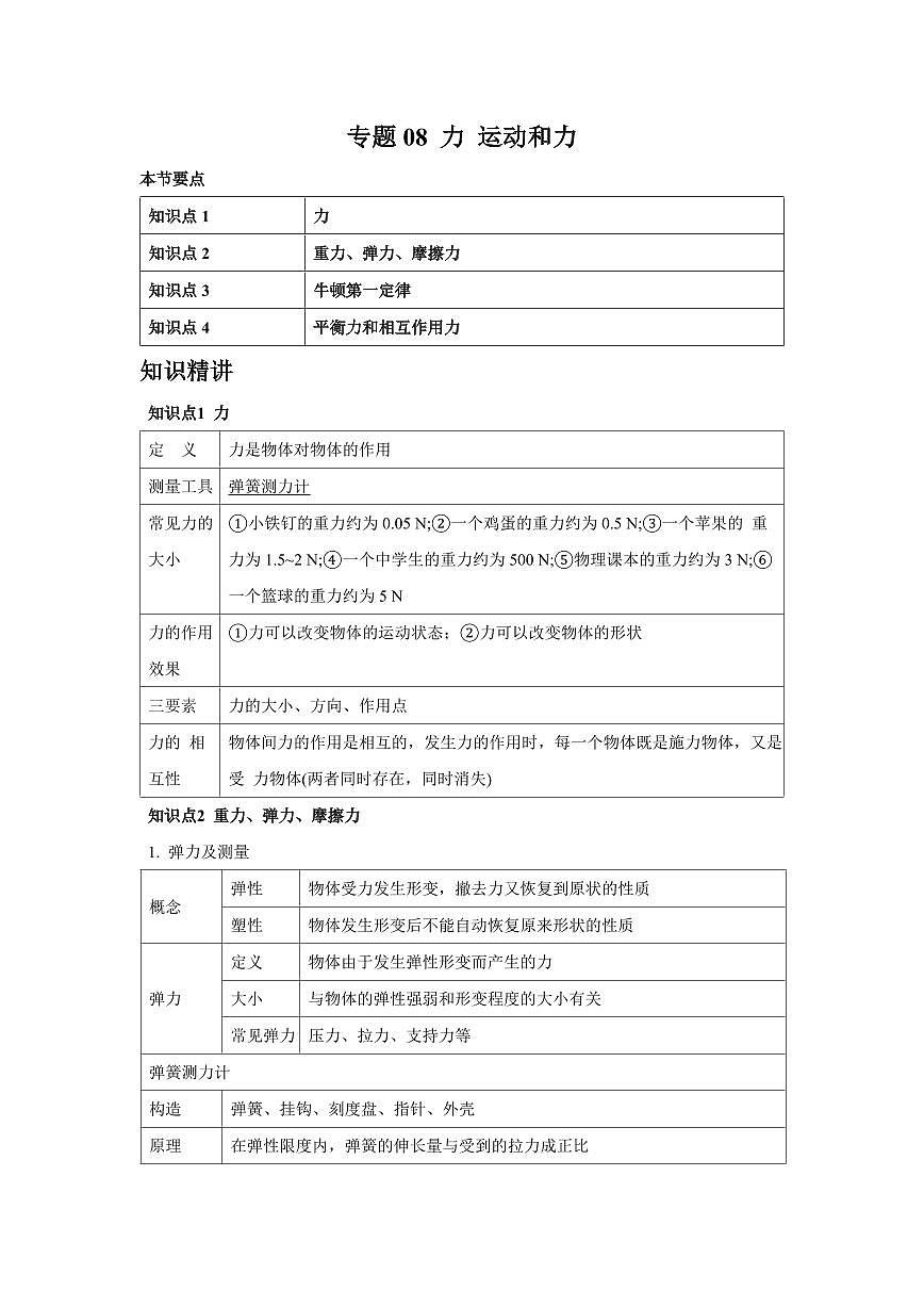 专题08 力 运动和力 知识精讲（原卷版）2025年中考物理一轮复习重难题型精讲精练（全国通用）[完整版]第1页