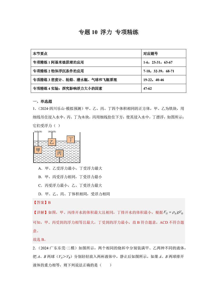 专题10 浮力 专项精练（解析版）2025年中考物理一轮复习重难题型精讲精练（全国通用）[完整版]第1页