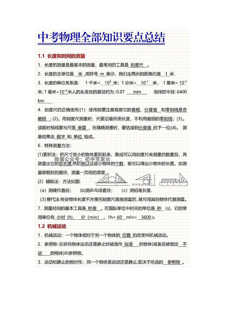 2025中考物理全部知识点总结汇总第1页
