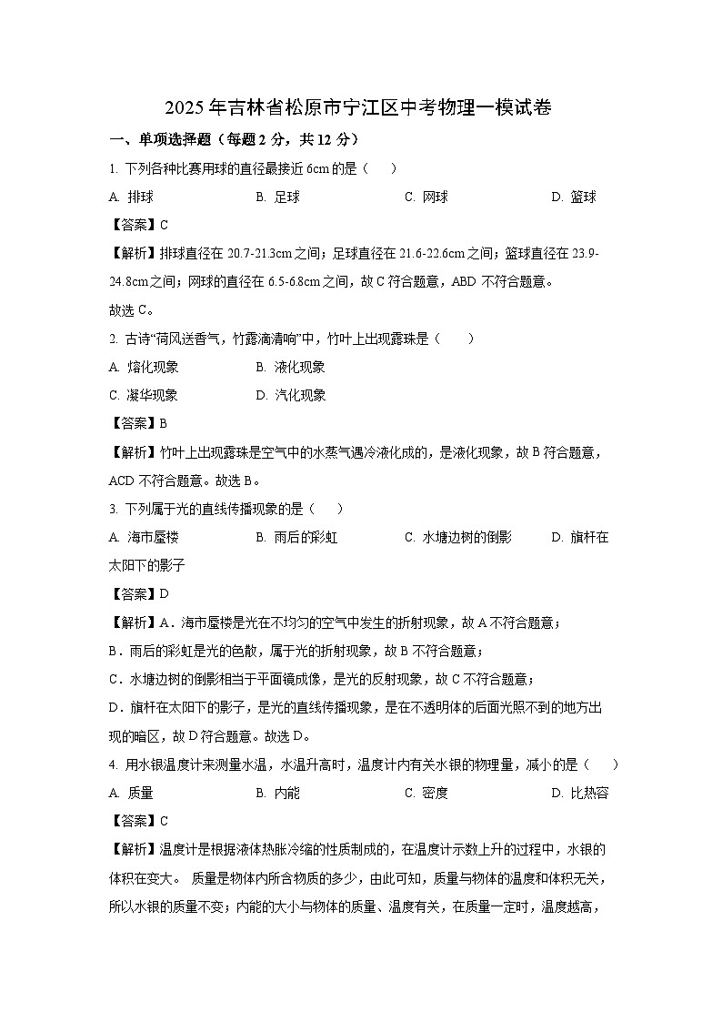 2025年吉林省松原市宁江区中考一模物理试题（解析版）第1页