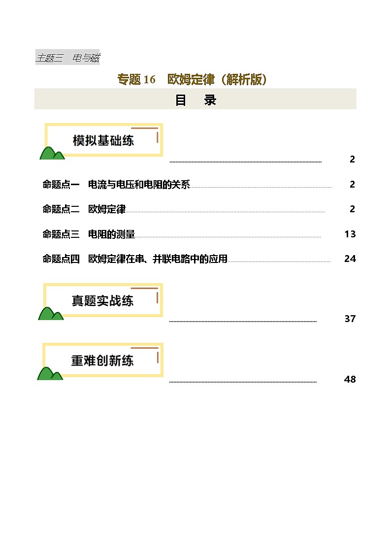 2025年中考物理一轮培优讲练 专题16 欧姆定律（练习）（解析版）第1页