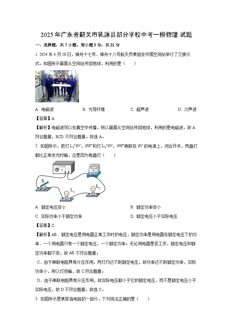 2025年广东省韶关市乳源县部分学校中考一模物理试题（解析版）第1页