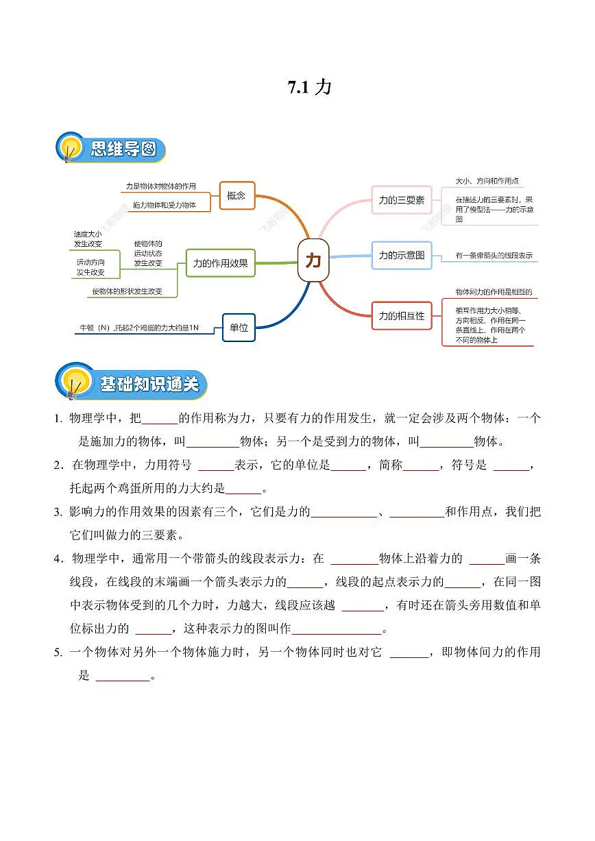 7.1 力（专项训练）（原卷版）2024-2025学年八年级下学期物理同步题型分组专项训练（人教版2024）第1页