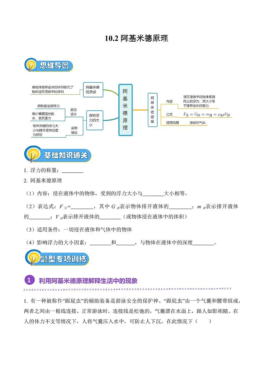 10.2 阿基米德原理专项训练）（原卷版）2024-2025学年八年级下学期物理同步题型分组专项训练（人教版2024）第1页