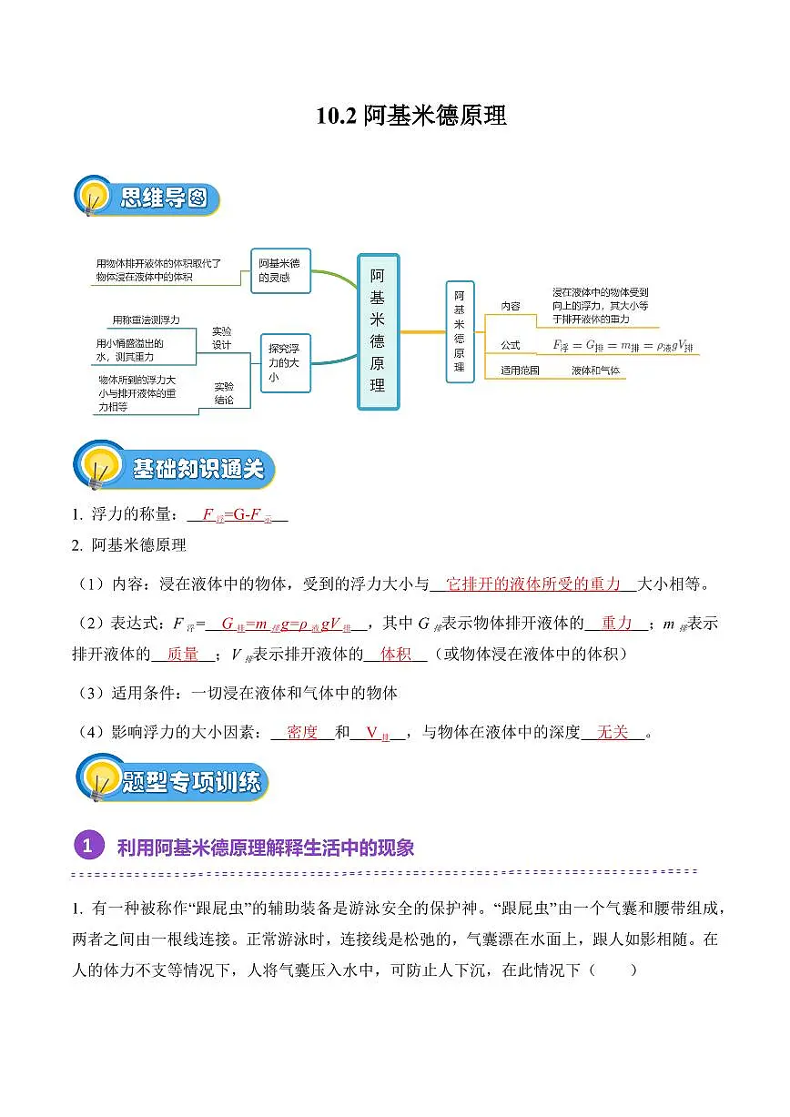 10.2 阿基米德原理专项训练）（解析版）2024-2025学年八年级下学期物理同步题型分组专项训练（人教版2024）第1页