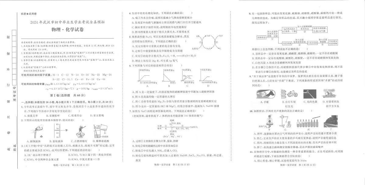 2024年湖北省武汉市中考物理化学模拟试卷　（中考模拟）第1页